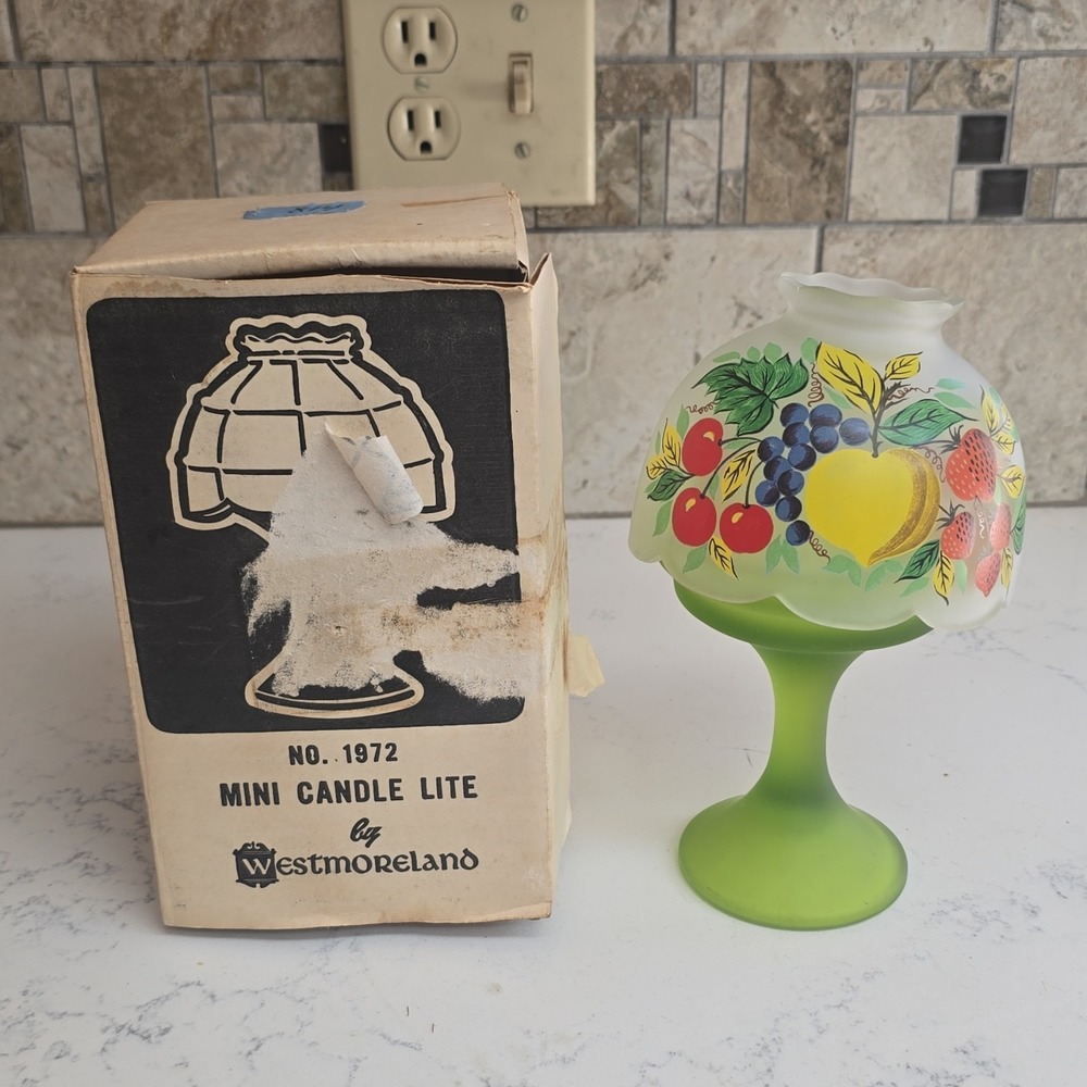 Westmoreland Fruits Fairy Lamp w Green Satin Glass Pedestal org. Label and BOX